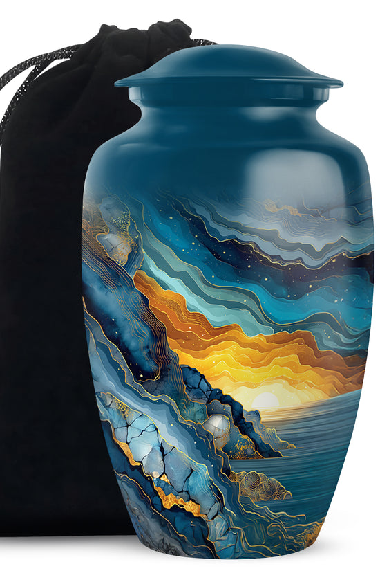 Twilight Blue Blue Cremation Urn angled view of lid and engraved motif - elegant classic blue relief with fine detailing - full-size 10 inch 200 cubic inch adult cremation urn