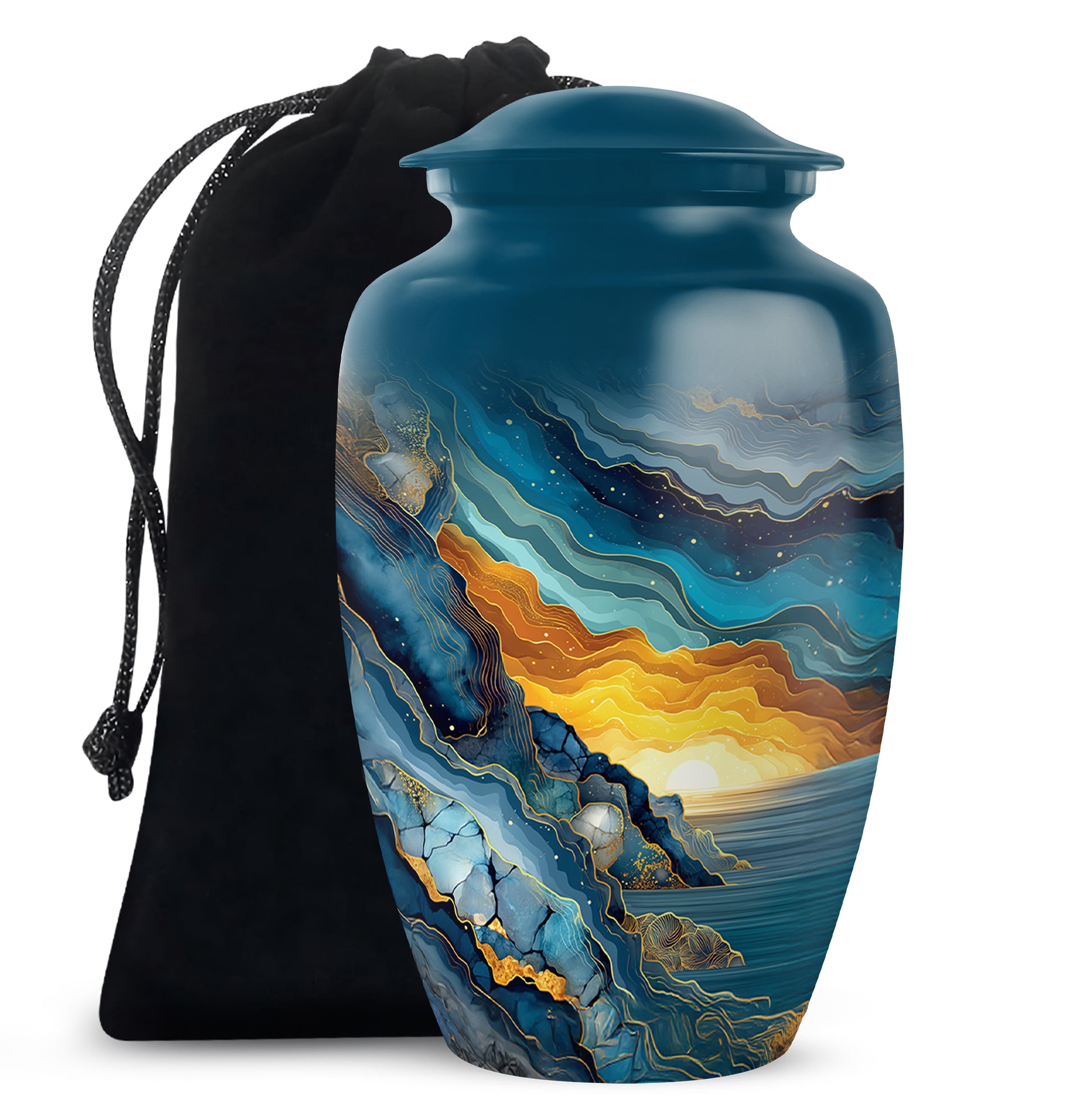 Twilight Blue Blue Cremation Urn angled view of lid and engraved motif - elegant classic blue relief with fine detailing - full-size 10 inch 200 cubic inch adult cremation urn