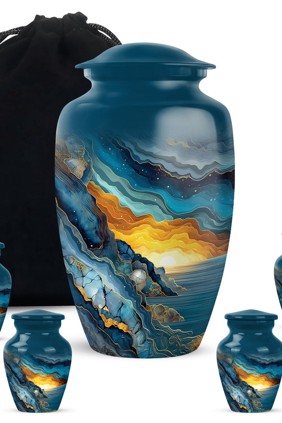Celestial Blue Blue Cremation Urn top-down view of secure threaded lid - timeless blue motif etched into premium metal - memorial set with one large and four small urns
