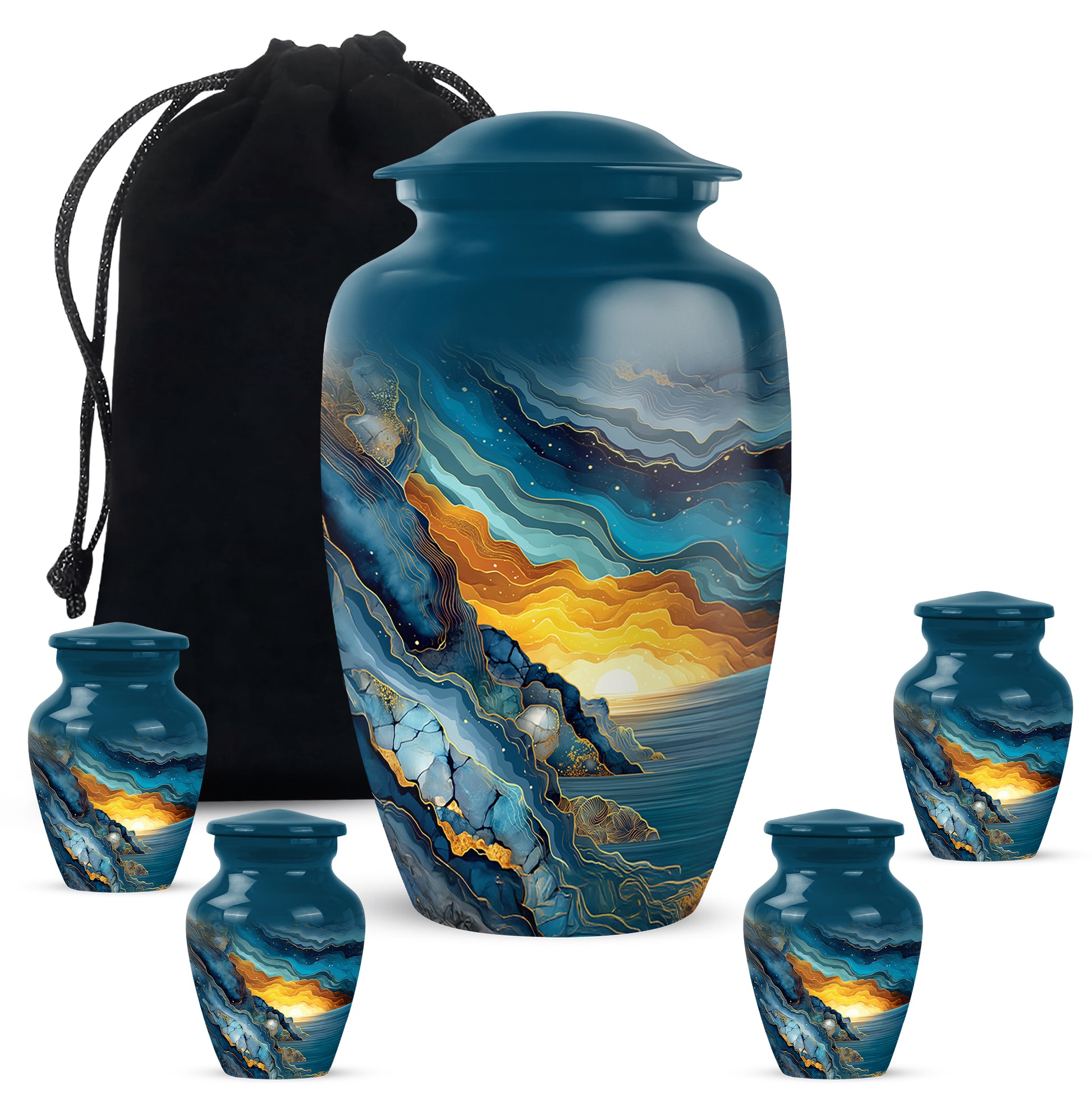 Celestial Blue Blue Cremation Urn top-down view of secure threaded lid - timeless blue motif etched into premium metal - memorial set with one large and four small urns