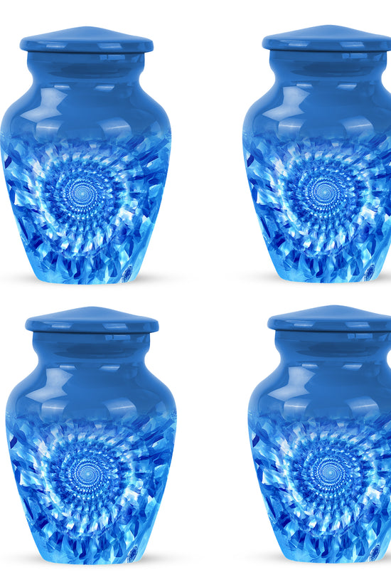 Slate Blue Blue Cremation Urn side profile showing urn shape - classic sculpted blue pattern on smooth aluminum - 10 inch aluminum urn for cremated remains