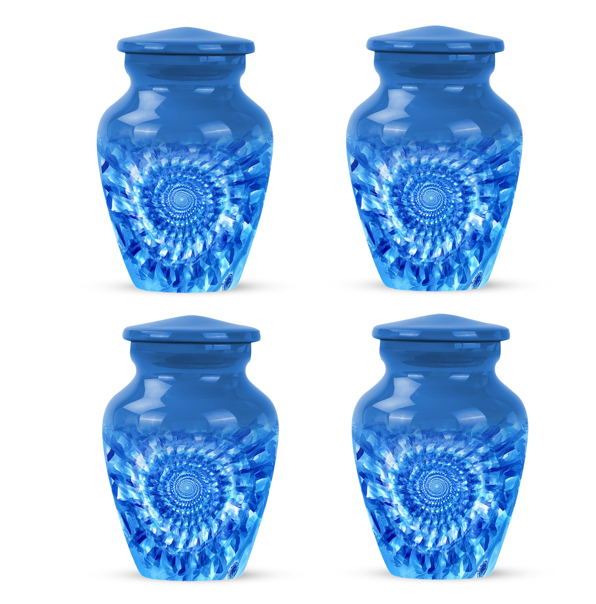 Slate Blue Blue Cremation Urn side profile showing urn shape - classic sculpted blue pattern on smooth aluminum - 10 inch aluminum urn for cremated remains