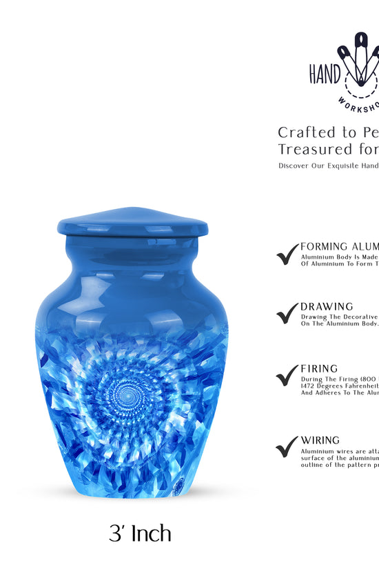 Vivid Blue Blue Cremation Urn close-up of engraving and surface detail - traditional blue engraving with hand-polished finish - mini keepsake memorial for portion of cremation ashes