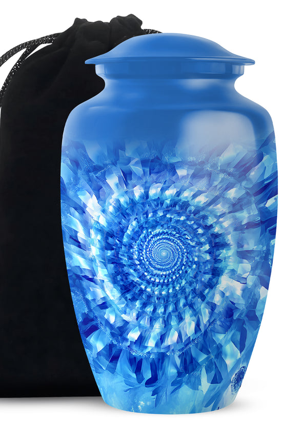 Vivid Blue Blue Cremation Urn angled view of lid and engraved motif - elegant classic blue relief with fine detailing - full-size 10 inch 200 cubic inch adult cremation urn
