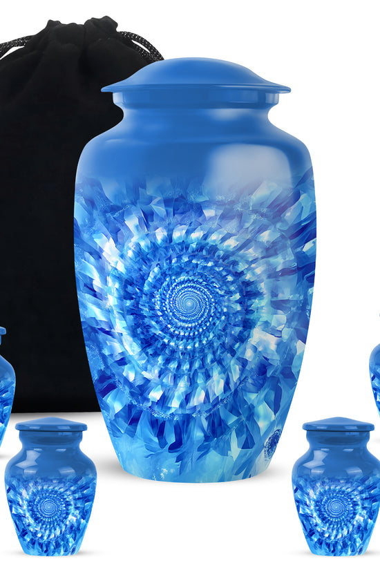 Soft Blue Blue Cremation Urn top-down view of secure threaded lid - elegant classic blue relief with fine detailing - memorial set with one large and four small urns