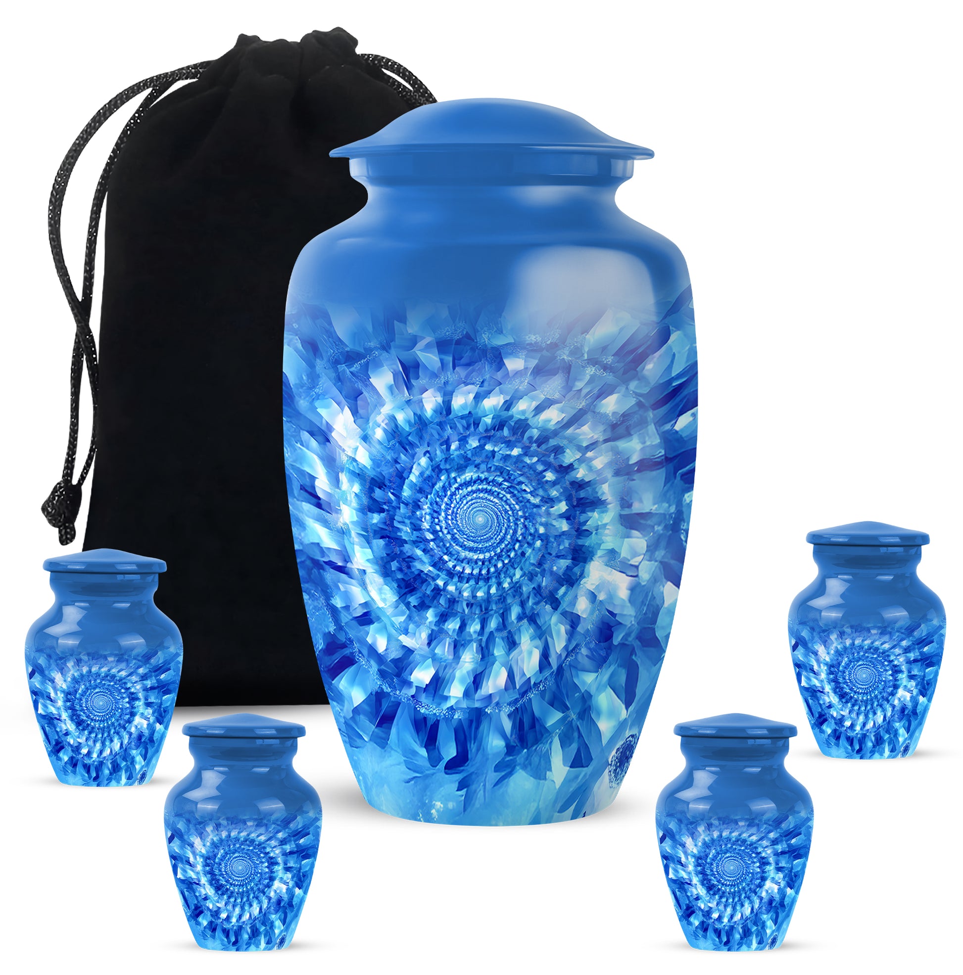Soft Blue Blue Cremation Urn top-down view of secure threaded lid - elegant classic blue relief with fine detailing - memorial set with one large and four small urns