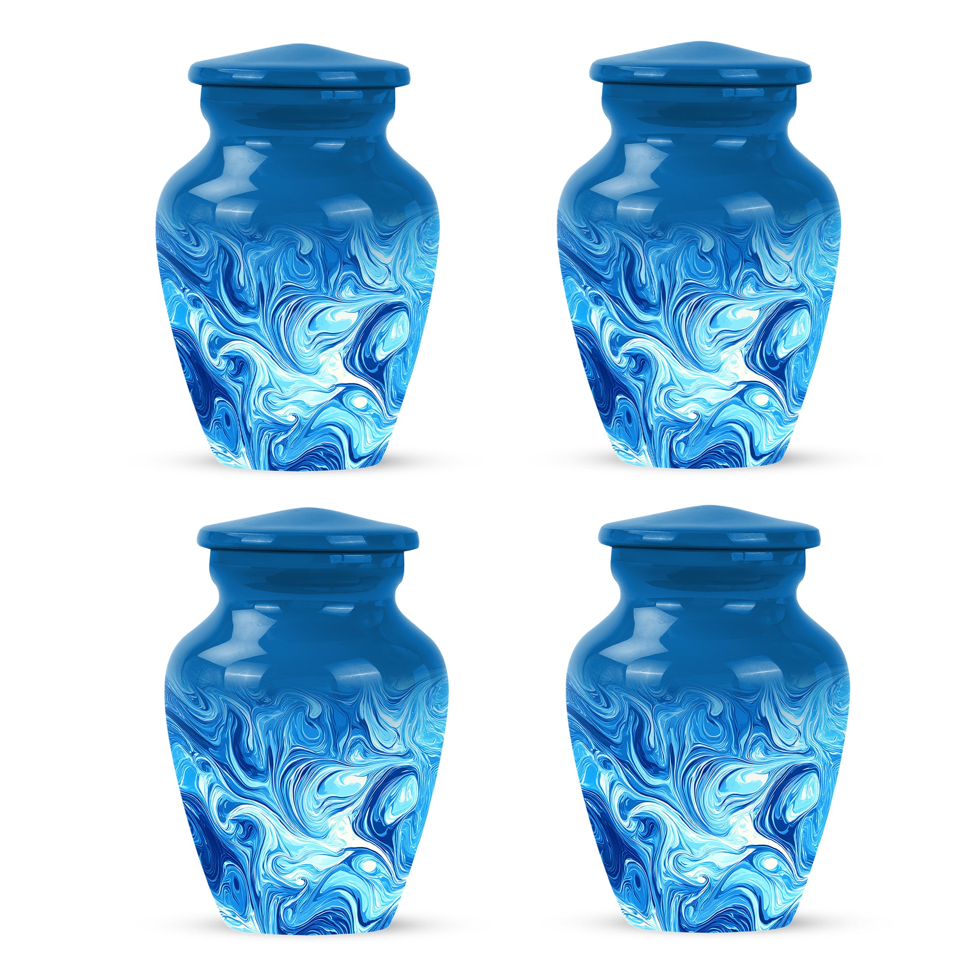 Royal Blue Blue Cremation Urn side profile showing urn shape - traditional blue engraving with hand-polished finish - 10 inch aluminum urn for cremated remains
