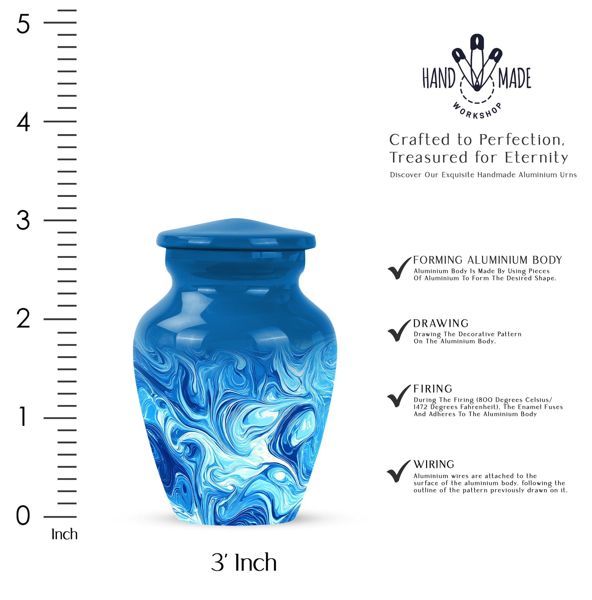 Dusty Blue Blue Cremation Urn close-up of engraving and surface detail - timeless blue motif etched into premium metal - mini keepsake memorial for portion of cremation ashes