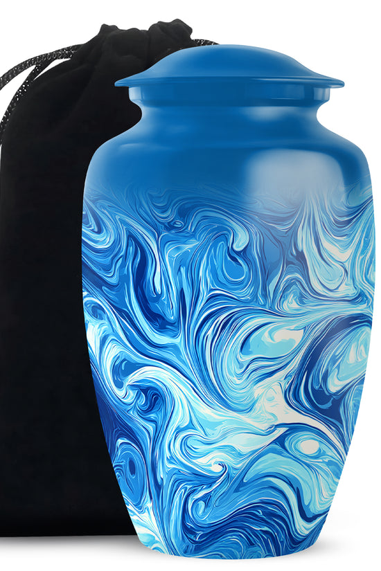 Sapphire Blue Blue Cremation Urn angled view of lid and engraved motif - traditional blue engraving with hand-polished finish - full-size 10 inch 200 cubic inch adult cremation urn
