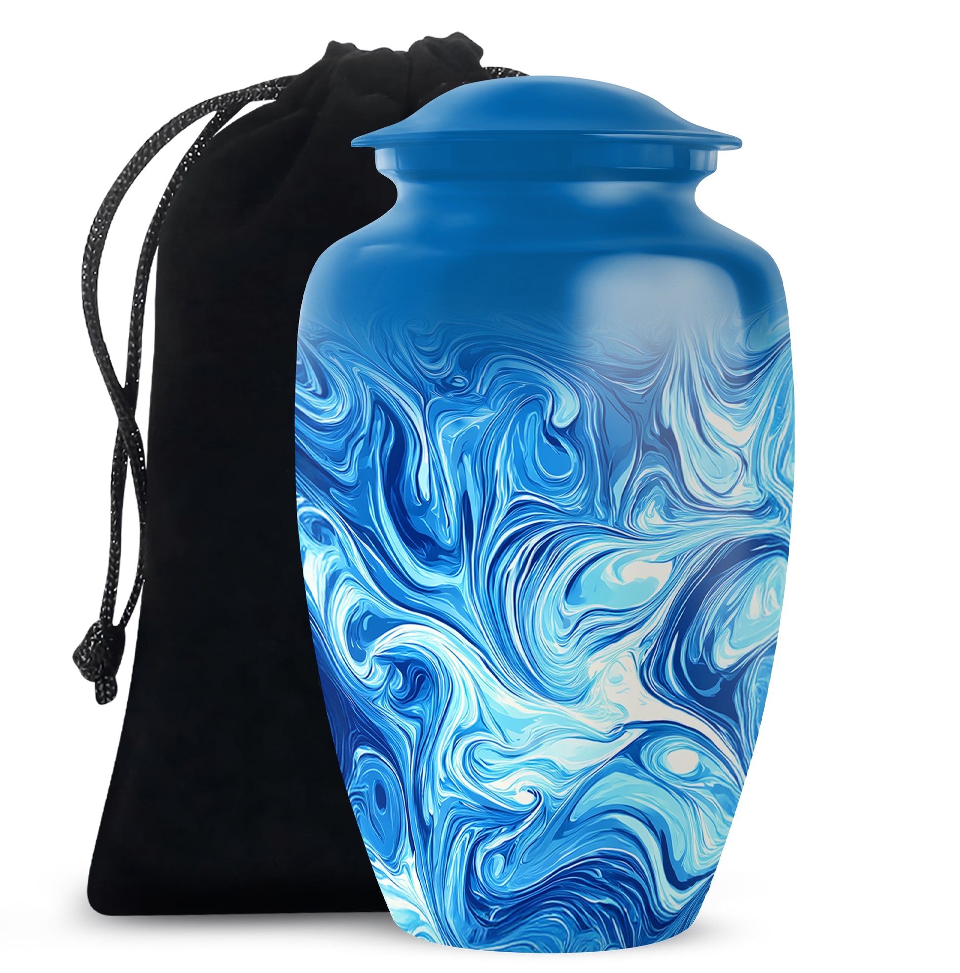 Sapphire Blue Blue Cremation Urn angled view of lid and engraved motif - traditional blue engraving with hand-polished finish - full-size 10 inch 200 cubic inch adult cremation urn