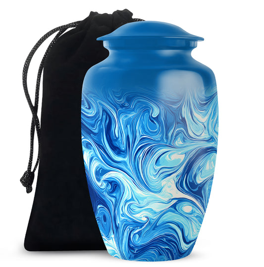 Sapphire Blue Blue Cremation Urn angled view of lid and engraved motif - traditional blue engraving with hand-polished finish - full-size 10 inch 200 cubic inch adult cremation urn