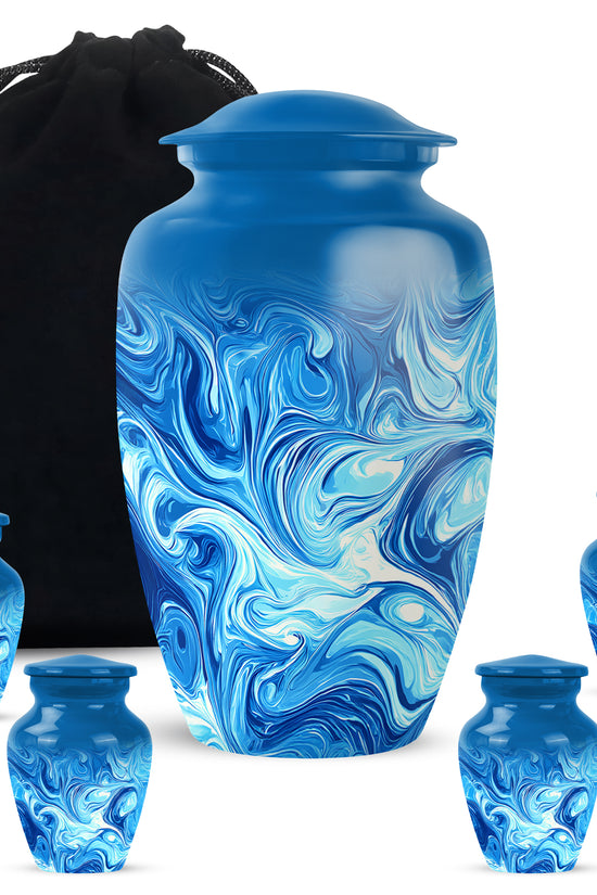Powder Blue Blue Cremation Urn top-down view of secure threaded lid - timeless blue motif etched into premium metal - memorial set with one large and four small urns