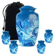 Powder Blue Blue Cremation Urn top-down view of secure threaded lid - timeless blue motif etched into premium metal - memorial set with one large and four small urns