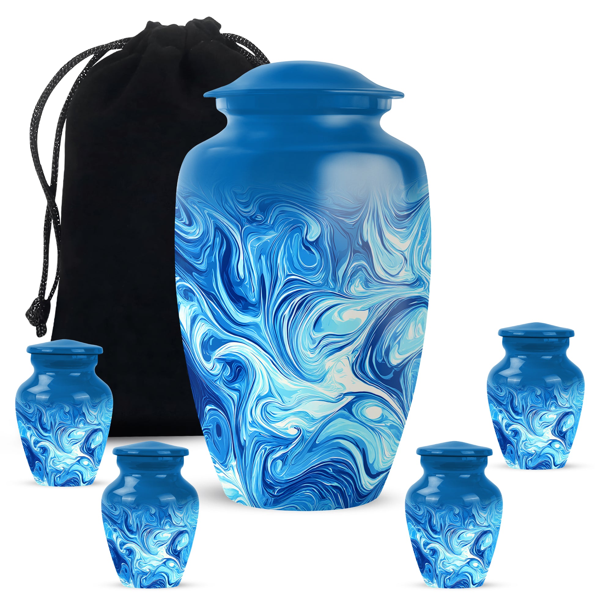 Powder Blue Blue Cremation Urn top-down view of secure threaded lid - timeless blue motif etched into premium metal - memorial set with one large and four small urns