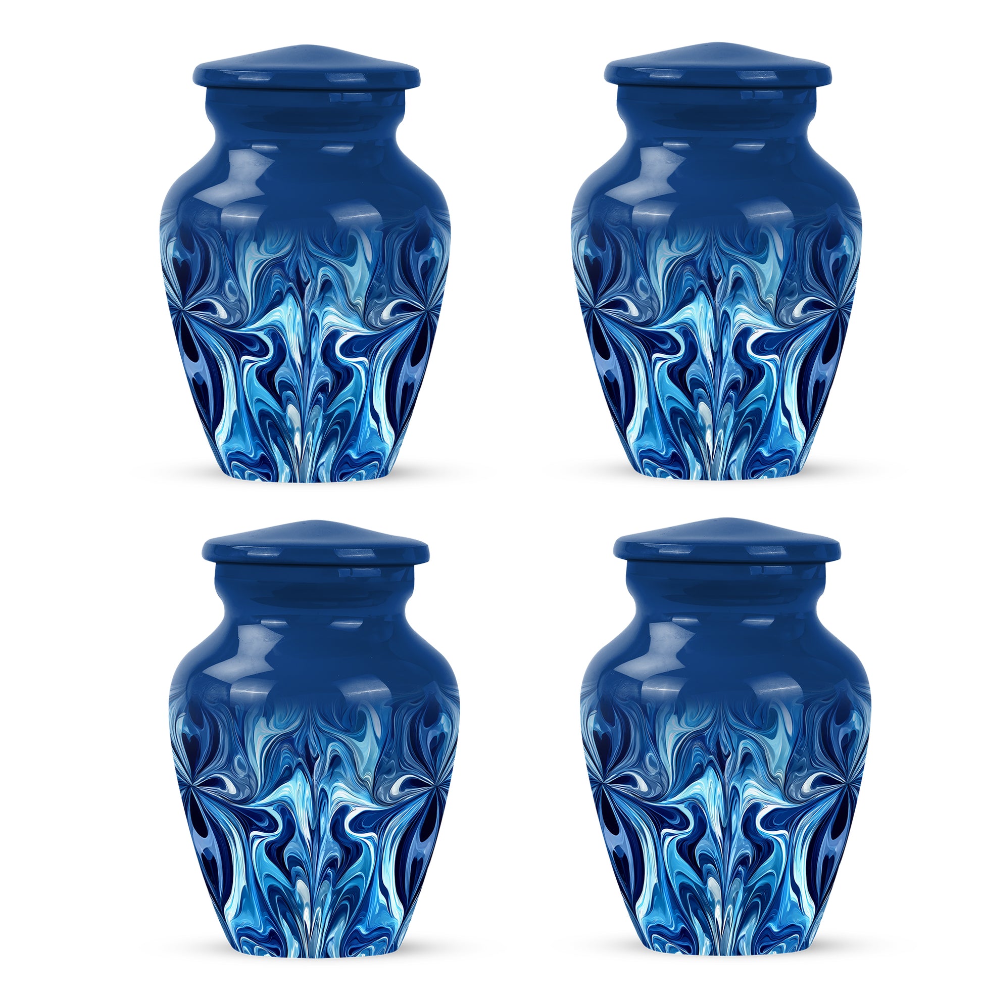 Cobalt Blue Blue Cremation Urn side profile showing urn shape - traditional blue engraving with hand-polished finish - 10 inch aluminum urn for cremated remains