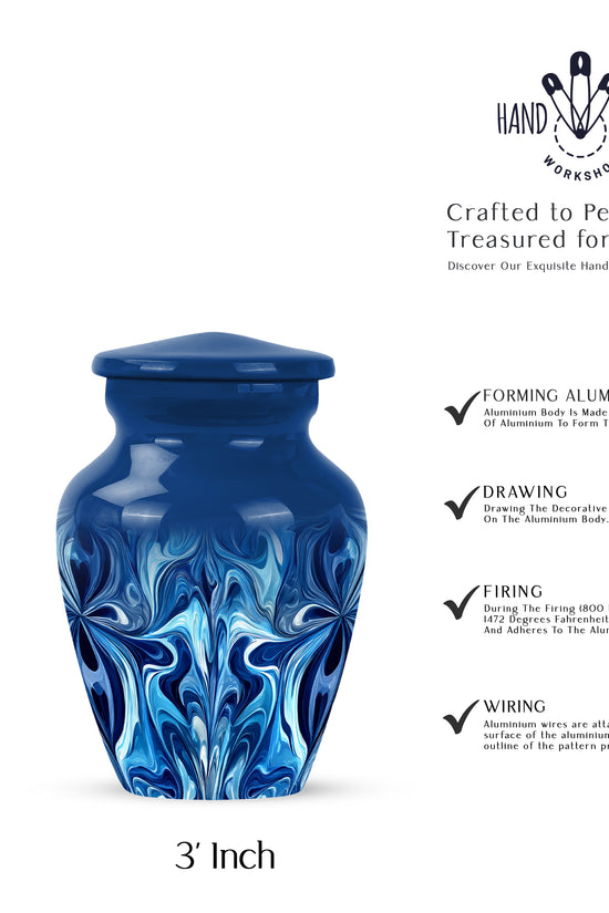 Soft Blue Blue Cremation Urn close-up of engraving and surface detail - traditional blue engraving with hand-polished finish - mini keepsake memorial for portion of cremation ashes