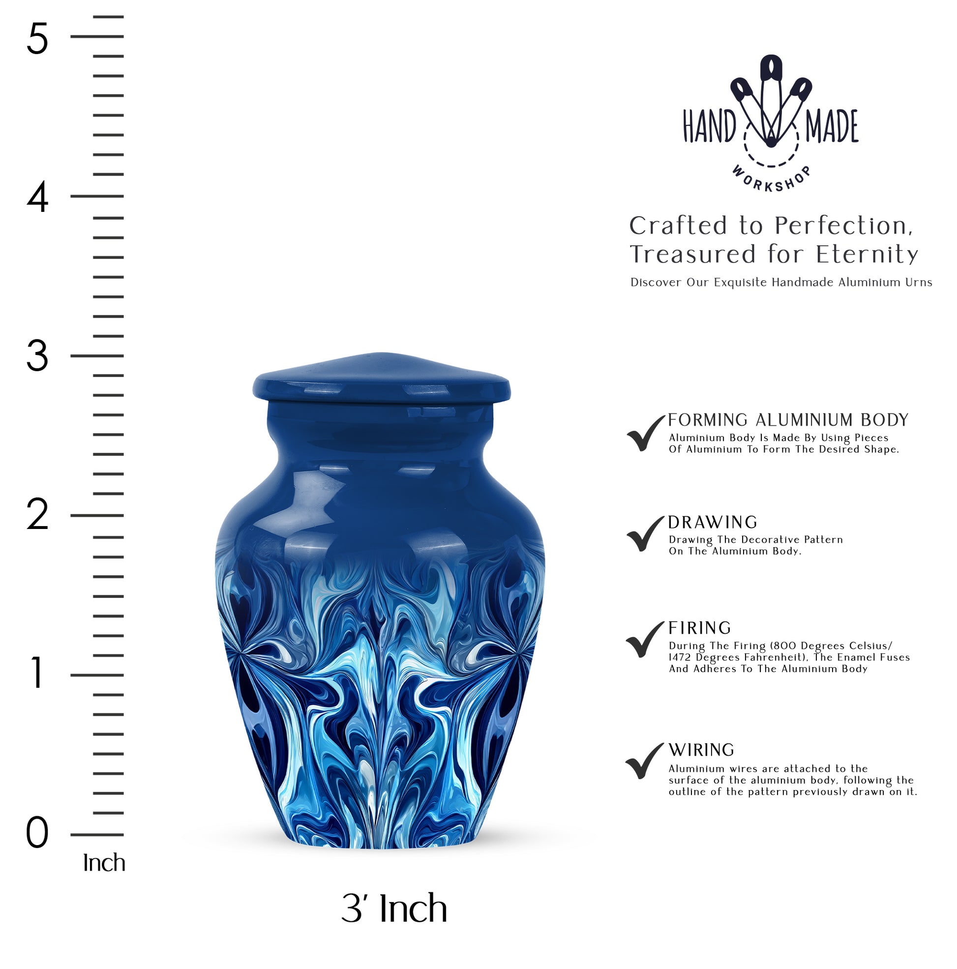 Soft Blue Blue Cremation Urn close-up of engraving and surface detail - traditional blue engraving with hand-polished finish - mini keepsake memorial for portion of cremation ashes