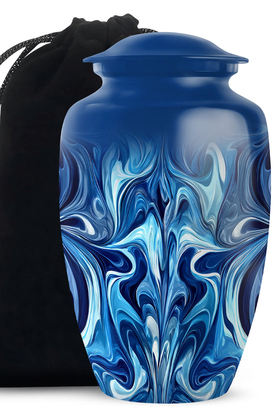 Navy Blue Blue Cremation Urn angled view of lid and engraved motif - classic sculpted blue pattern on smooth aluminum - full-size 10 inch 200 cubic inch adult cremation urn