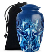 Navy Blue Blue Cremation Urn angled view of lid and engraved motif - classic sculpted blue pattern on smooth aluminum - full-size 10 inch 200 cubic inch adult cremation urn