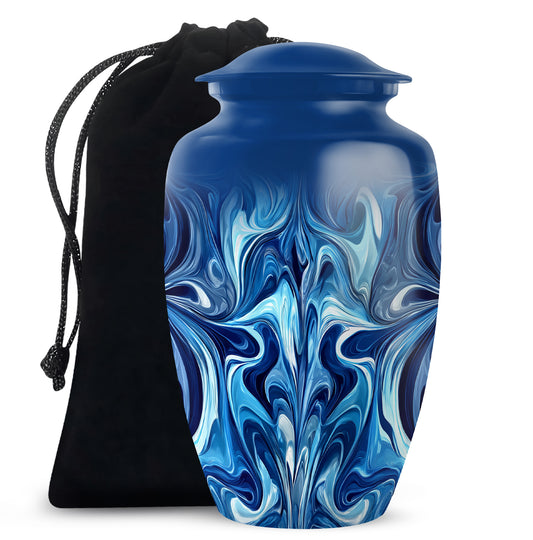 Navy Blue Blue Cremation Urn angled view of lid and engraved motif - classic sculpted blue pattern on smooth aluminum - full-size 10 inch 200 cubic inch adult cremation urn