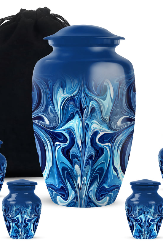 Indigo Blue Cremation Urn top-down view of secure threaded lid - timeless blue motif etched into premium metal - memorial set with one large and four small urns