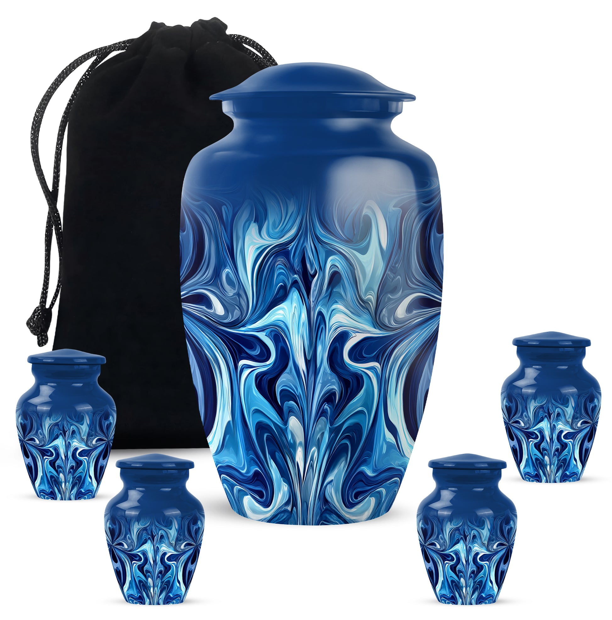 Indigo Blue Cremation Urn top-down view of secure threaded lid - timeless blue motif etched into premium metal - memorial set with one large and four small urns