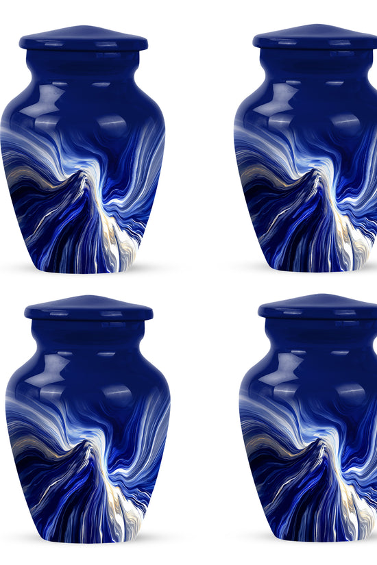 Celestial Blue Blue Cremation Urn side profile showing urn shape - timeless blue motif etched into premium metal - 10 inch aluminum urn for cremated remains