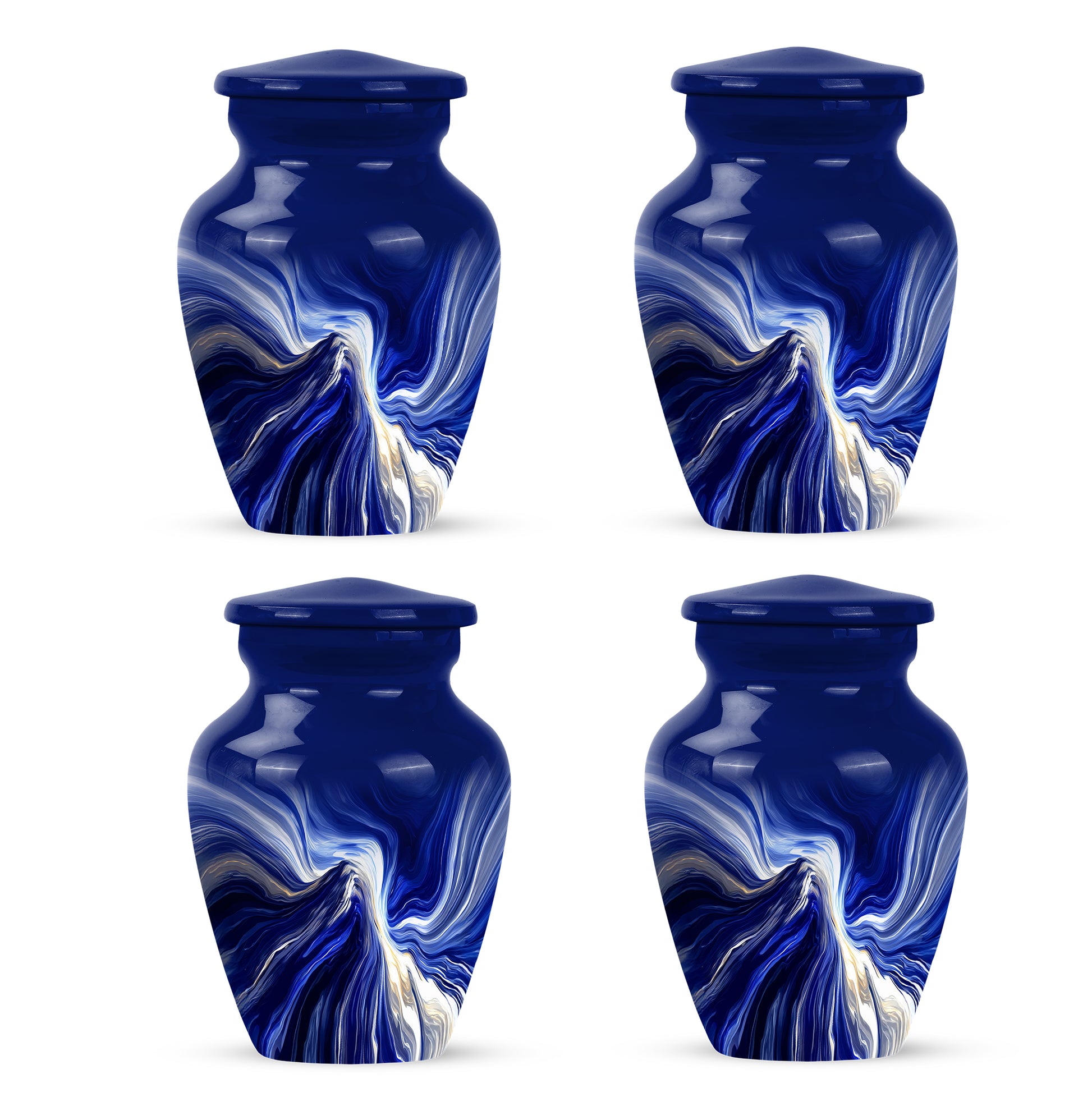 Celestial Blue Blue Cremation Urn side profile showing urn shape - timeless blue motif etched into premium metal - 10 inch aluminum urn for cremated remains