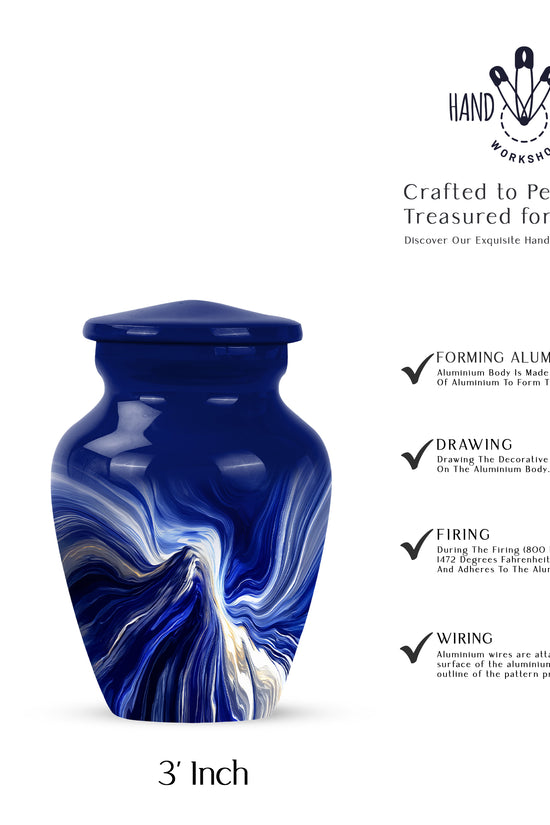 Bright Blue Blue Cremation Urn close-up of engraving and surface detail - elegant classic blue relief with fine detailing - mini keepsake memorial for portion of cremation ashes