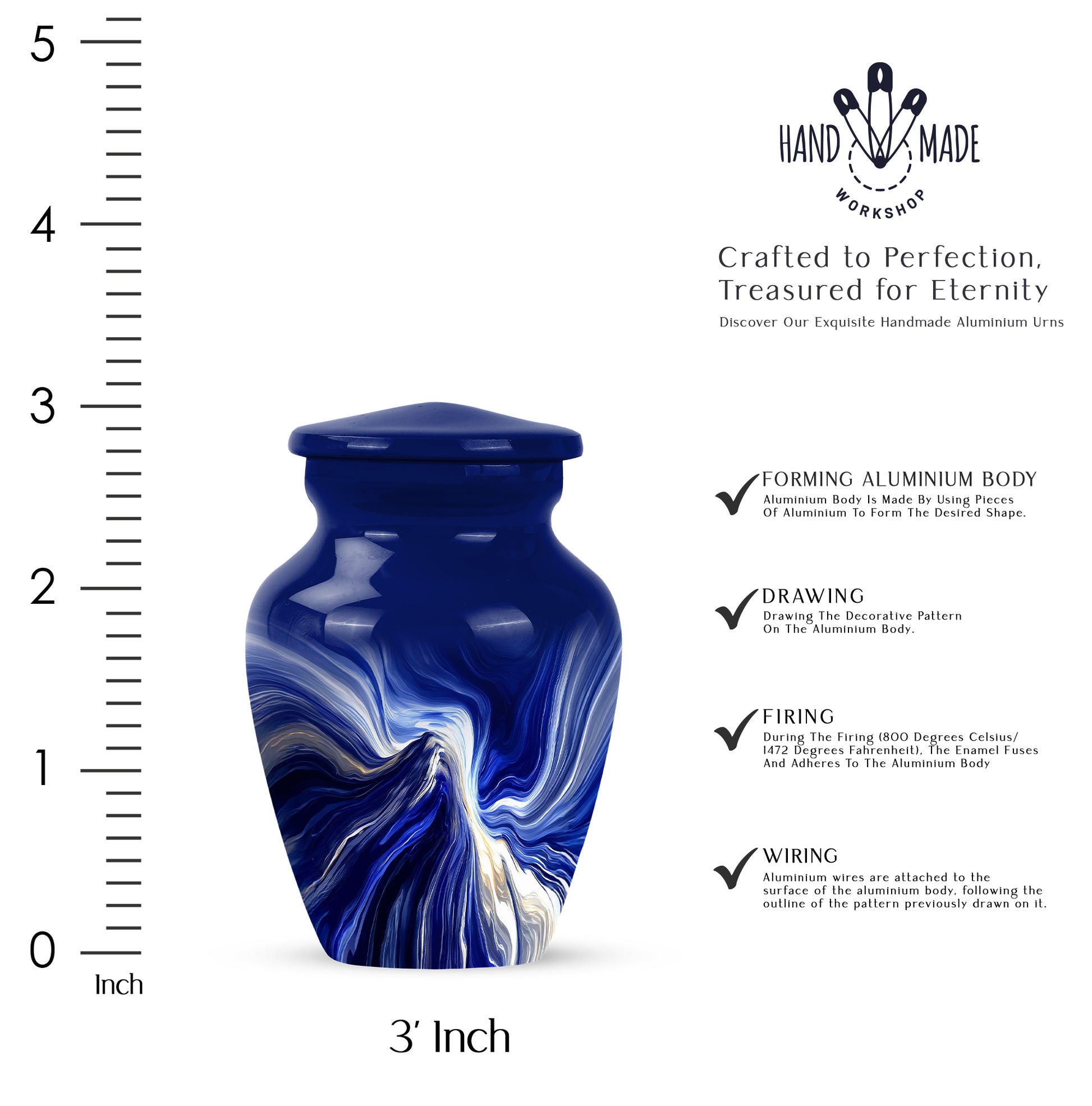 Bright Blue Blue Cremation Urn close-up of engraving and surface detail - elegant classic blue relief with fine detailing - mini keepsake memorial for portion of cremation ashes