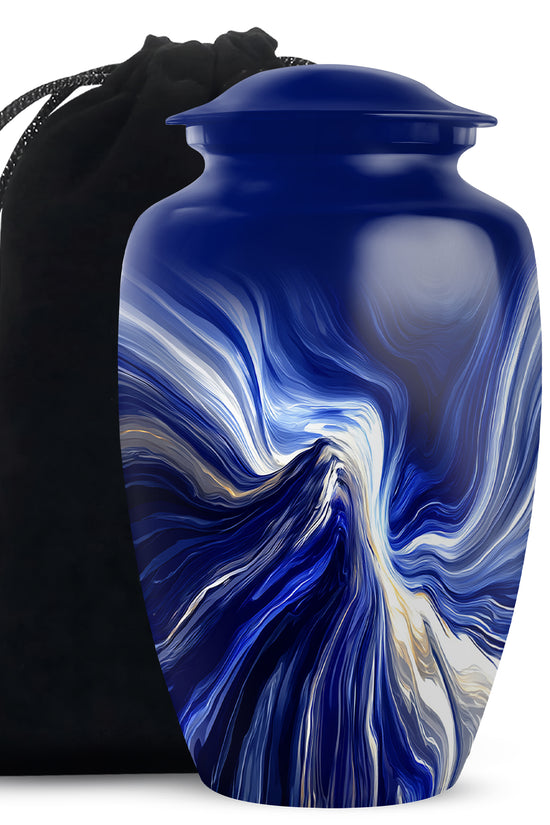 Icy Blue Blue Cremation Urn angled view of lid and engraved motif - timeless blue motif etched into premium metal - full-size 10 inch 200 cubic inch adult cremation urn