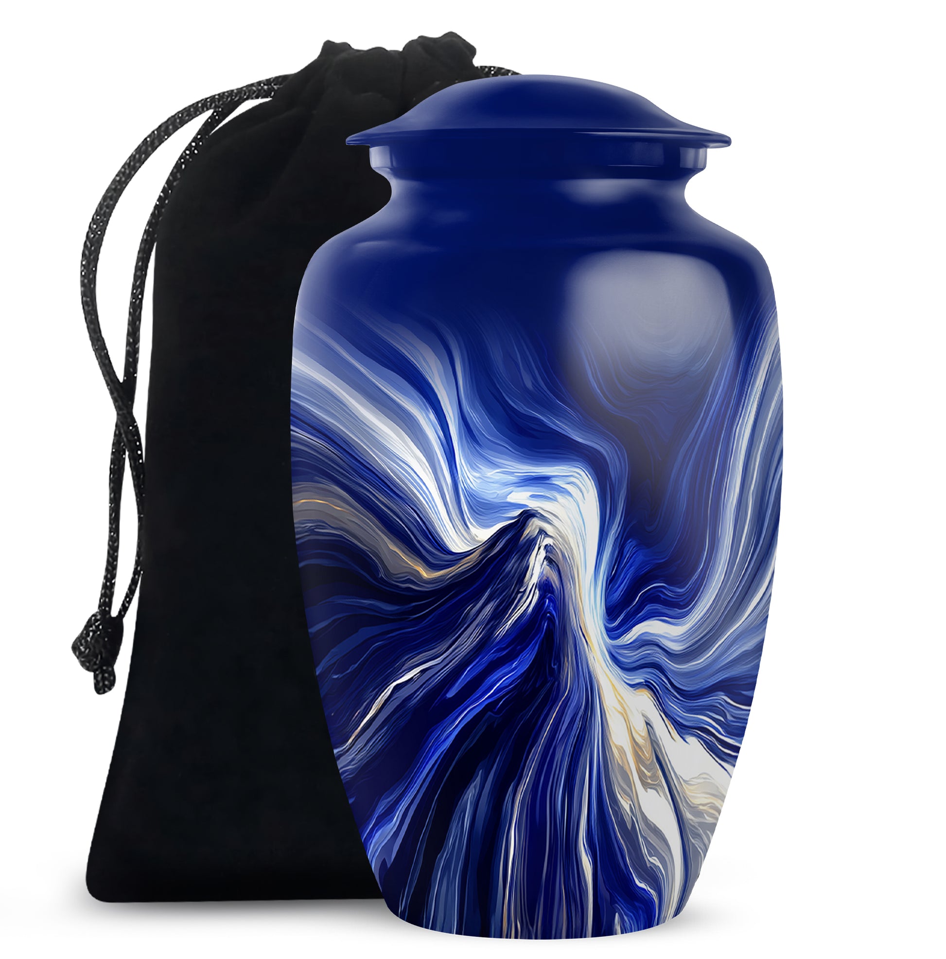 Icy Blue Blue Cremation Urn angled view of lid and engraved motif - timeless blue motif etched into premium metal - full-size 10 inch 200 cubic inch adult cremation urn