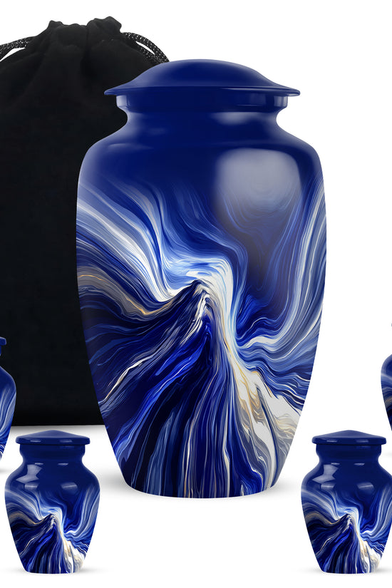 Icy Blue Blue Cremation Urn top-down view of secure threaded lid - timeless blue motif etched into premium metal - memorial set with one large and four small urns