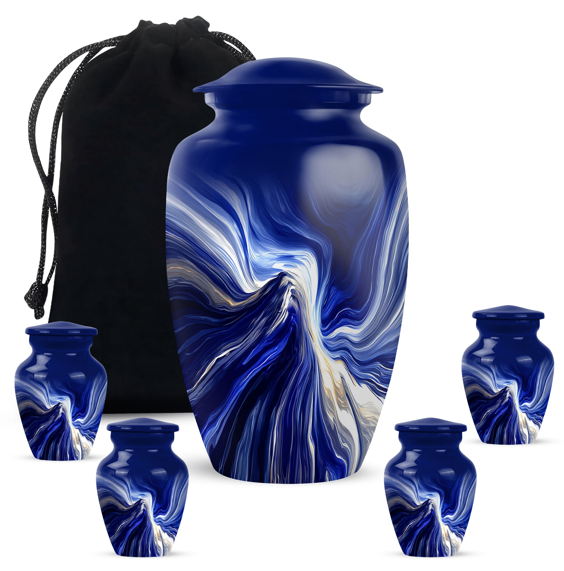 Icy Blue Blue Cremation Urn top-down view of secure threaded lid - timeless blue motif etched into premium metal - memorial set with one large and four small urns