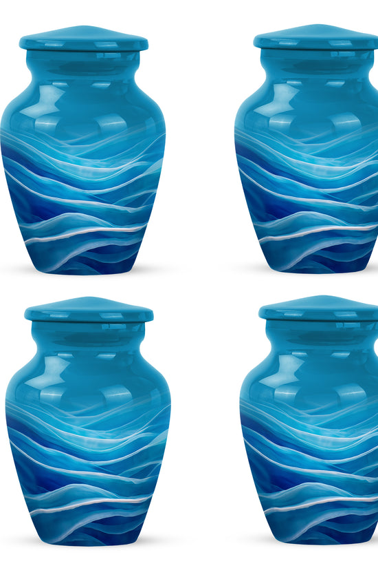 Dusty Blue Blue Cremation Urn side profile showing urn shape - timeless blue motif etched into premium metal - 10 inch aluminum urn for cremated remains