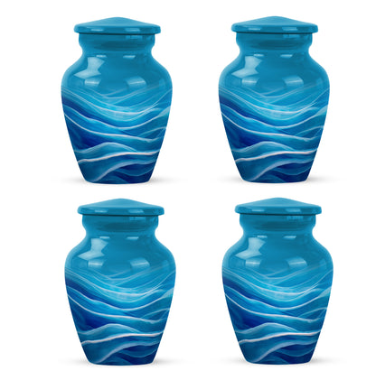 Dusty Blue Blue Cremation Urn side profile showing urn shape - timeless blue motif etched into premium metal - 10 inch aluminum urn for cremated remains