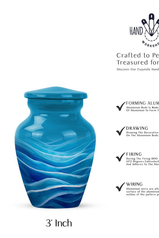 Misty Blue Blue Cremation Urn close-up of engraving and surface detail - classic sculpted blue pattern on smooth aluminum - mini keepsake memorial for portion of cremation ashes