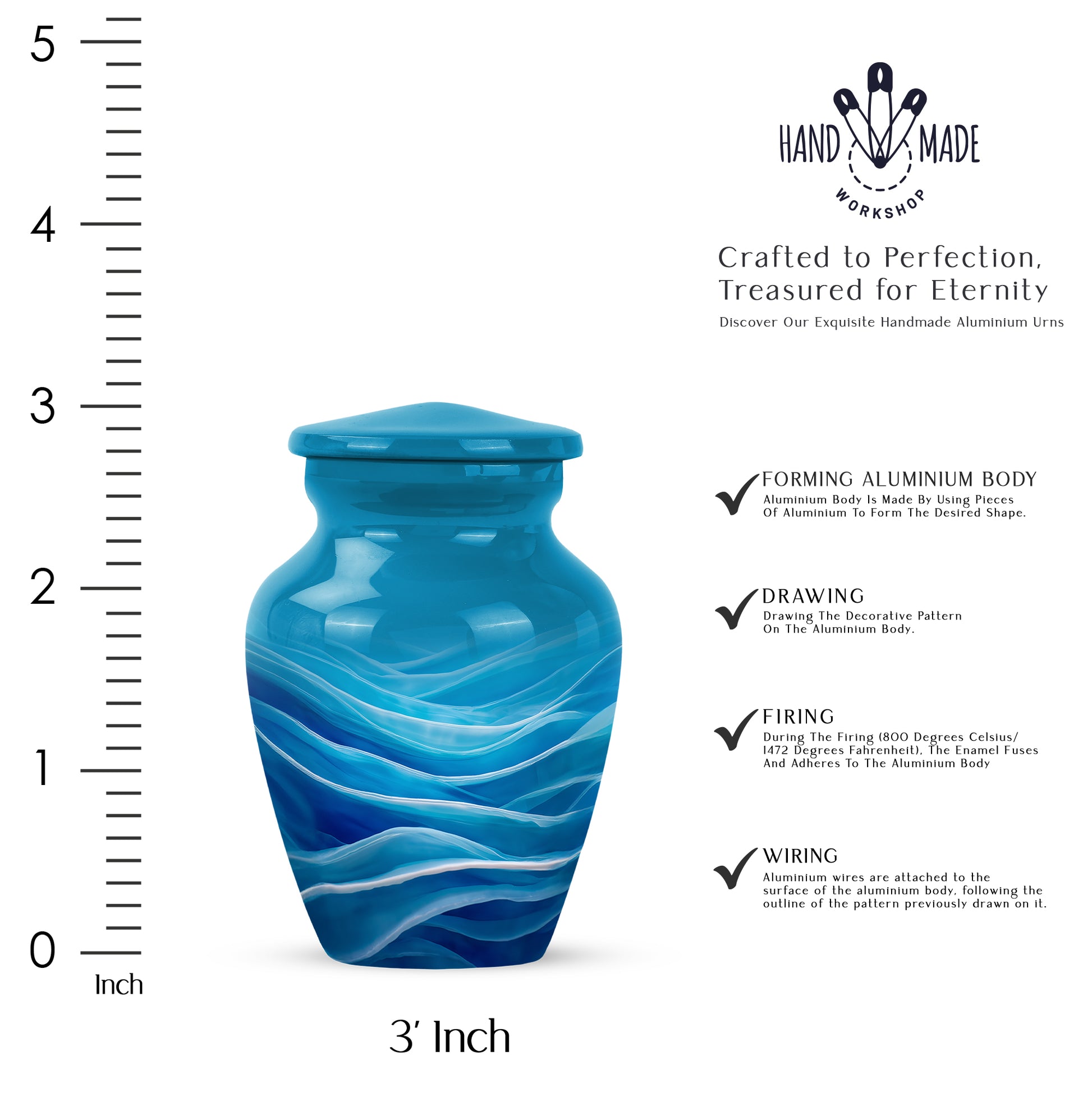 Misty Blue Blue Cremation Urn close-up of engraving and surface detail - classic sculpted blue pattern on smooth aluminum - mini keepsake memorial for portion of cremation ashes