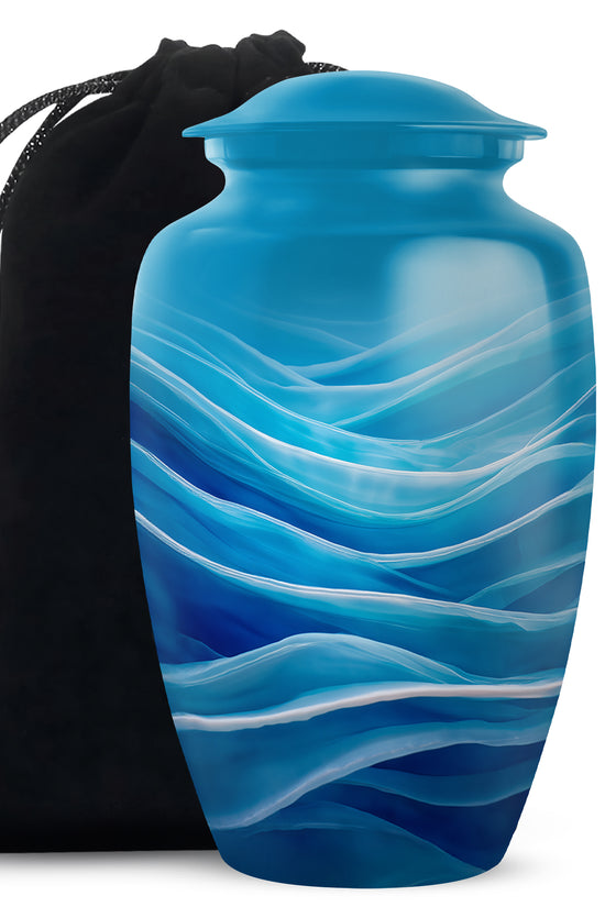 Slate Blue Blue Cremation Urn angled view of lid and engraved motif - timeless blue motif etched into premium metal - full-size 10 inch 200 cubic inch adult cremation urn