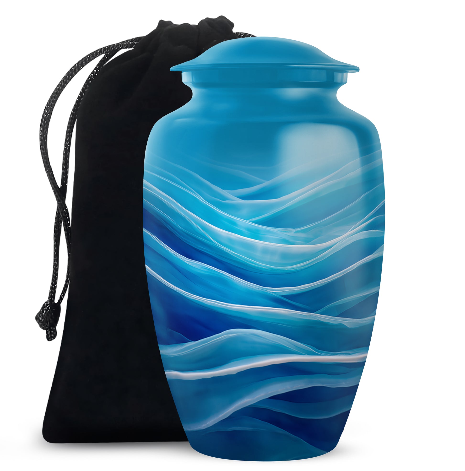Slate Blue Blue Cremation Urn angled view of lid and engraved motif - timeless blue motif etched into premium metal - full-size 10 inch 200 cubic inch adult cremation urn