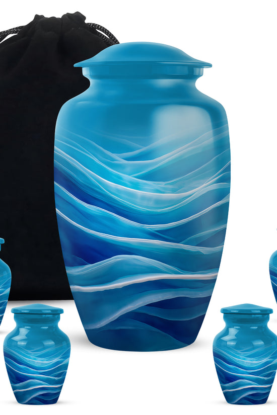 Azure Blue Cremation Urn top-down view of secure threaded lid - timeless blue motif etched into premium metal - memorial set with one large and four small urns
