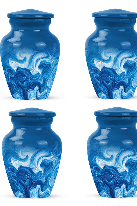 Powder Blue Blue Cremation Urn side profile showing urn shape - timeless blue motif etched into premium metal - 10 inch aluminum urn for cremated remains