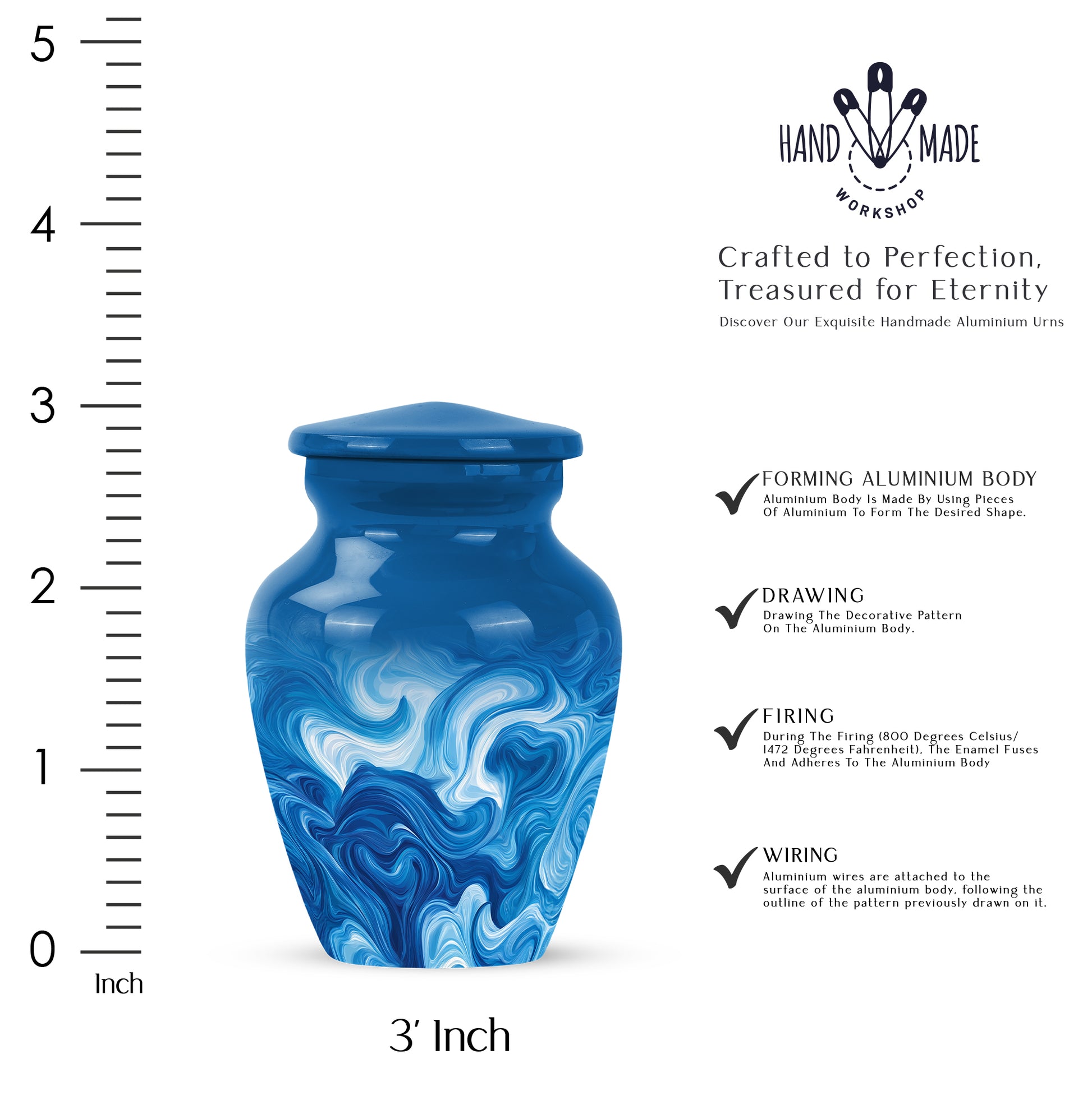 Pastel Blue Blue Cremation Urn close-up of engraving and surface detail - classic sculpted blue pattern on smooth aluminum - mini keepsake memorial for portion of cremation ashes