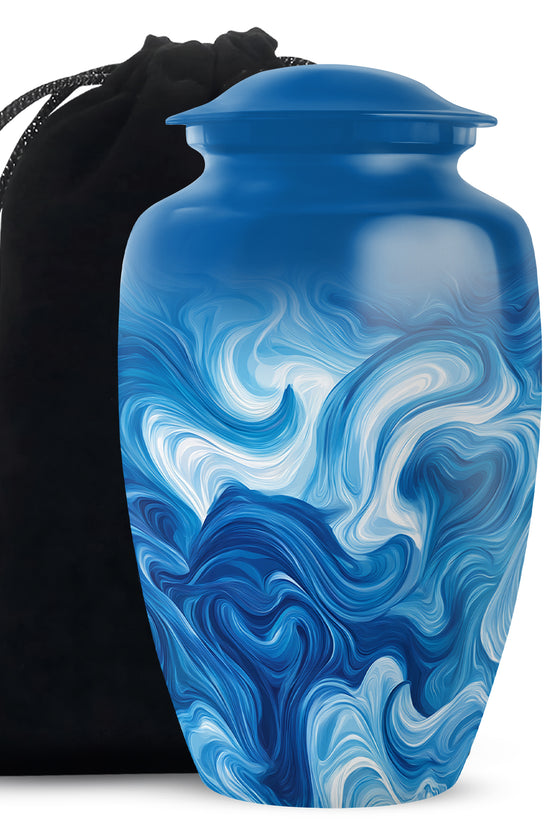 Steel Blue Blue Cremation Urn angled view of lid and engraved motif - traditional blue engraving with hand-polished finish - full-size 10 inch 200 cubic inch adult cremation urn