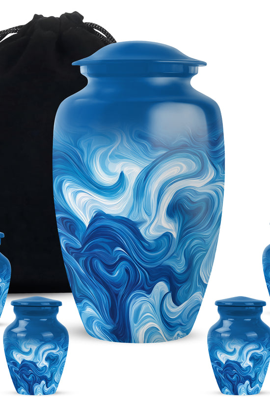Sapphire Blue Blue Cremation Urn top-down view of secure threaded lid - traditional blue engraving with hand-polished finish - memorial set with one large and four small urns