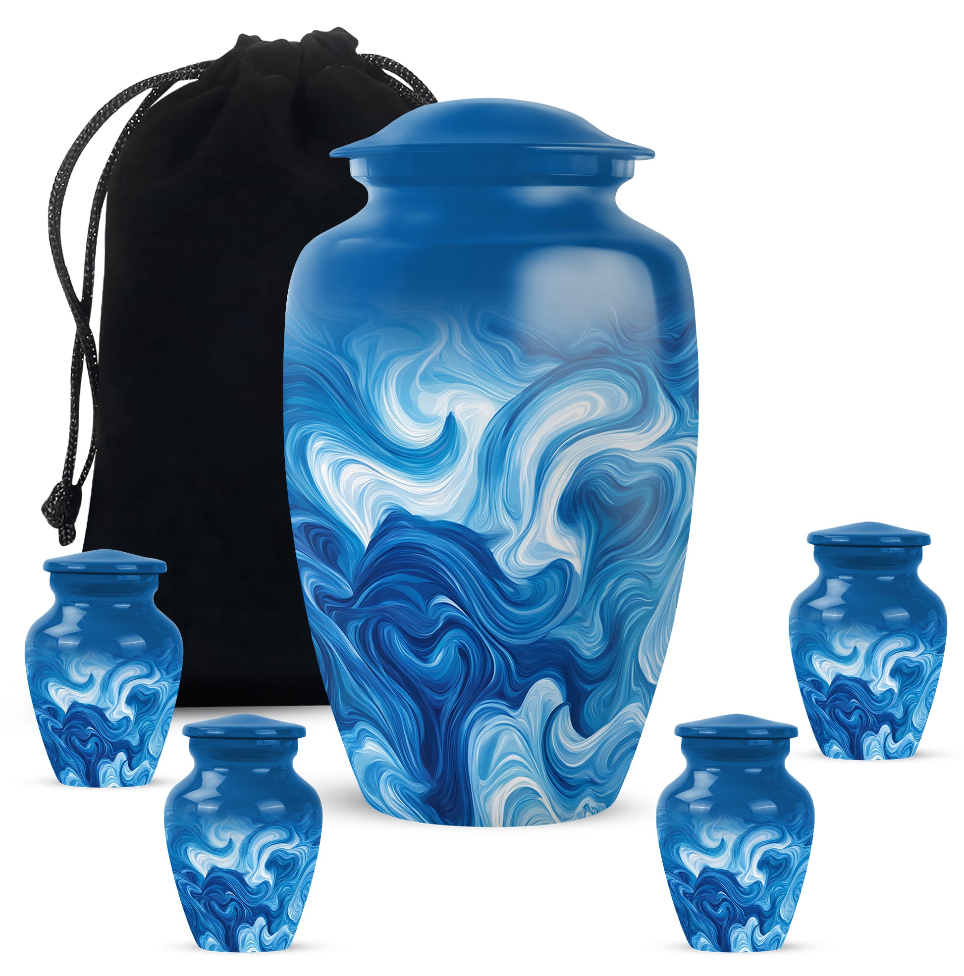 Sapphire Blue Blue Cremation Urn top-down view of secure threaded lid - traditional blue engraving with hand-polished finish - memorial set with one large and four small urns