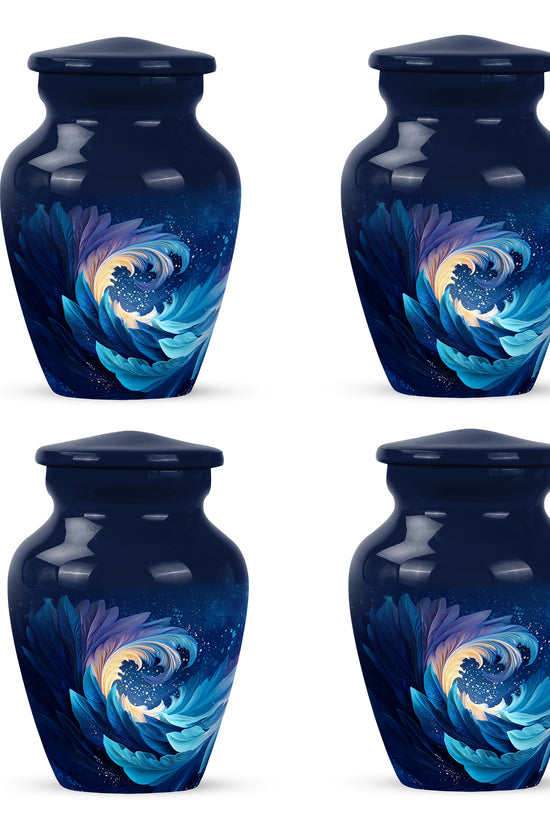 Vivid Blue Blue Cremation Urn side profile showing urn shape - traditional blue engraving with hand-polished finish - 10 inch aluminum urn for cremated remains