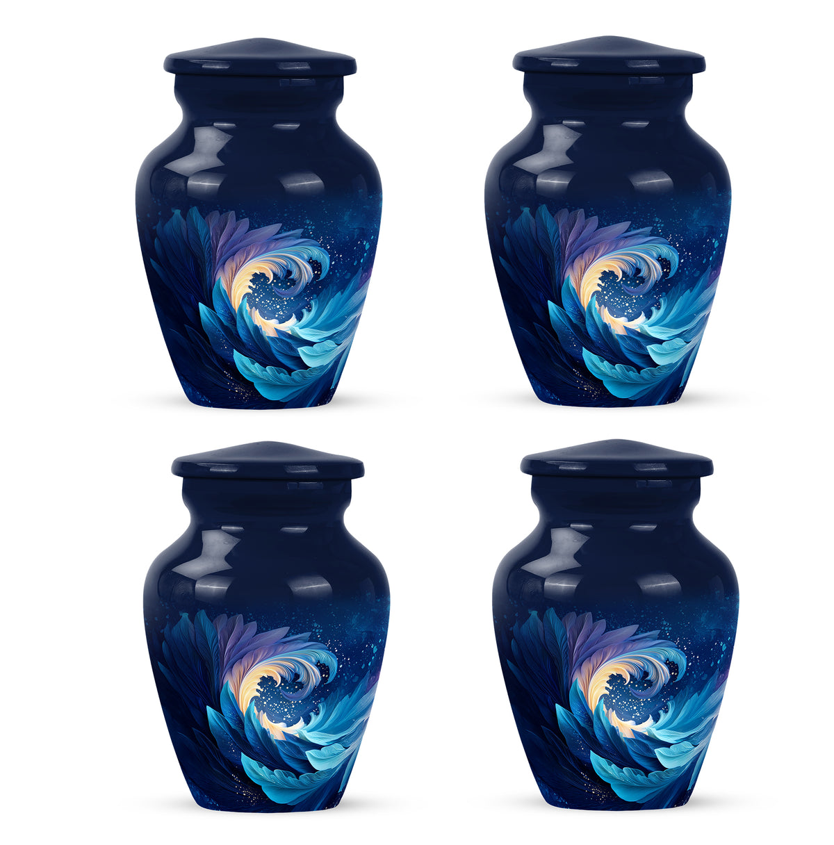 Vivid Blue Blue Cremation Urn side profile showing urn shape - traditional blue engraving with hand-polished finish - 10 inch aluminum urn for cremated remains