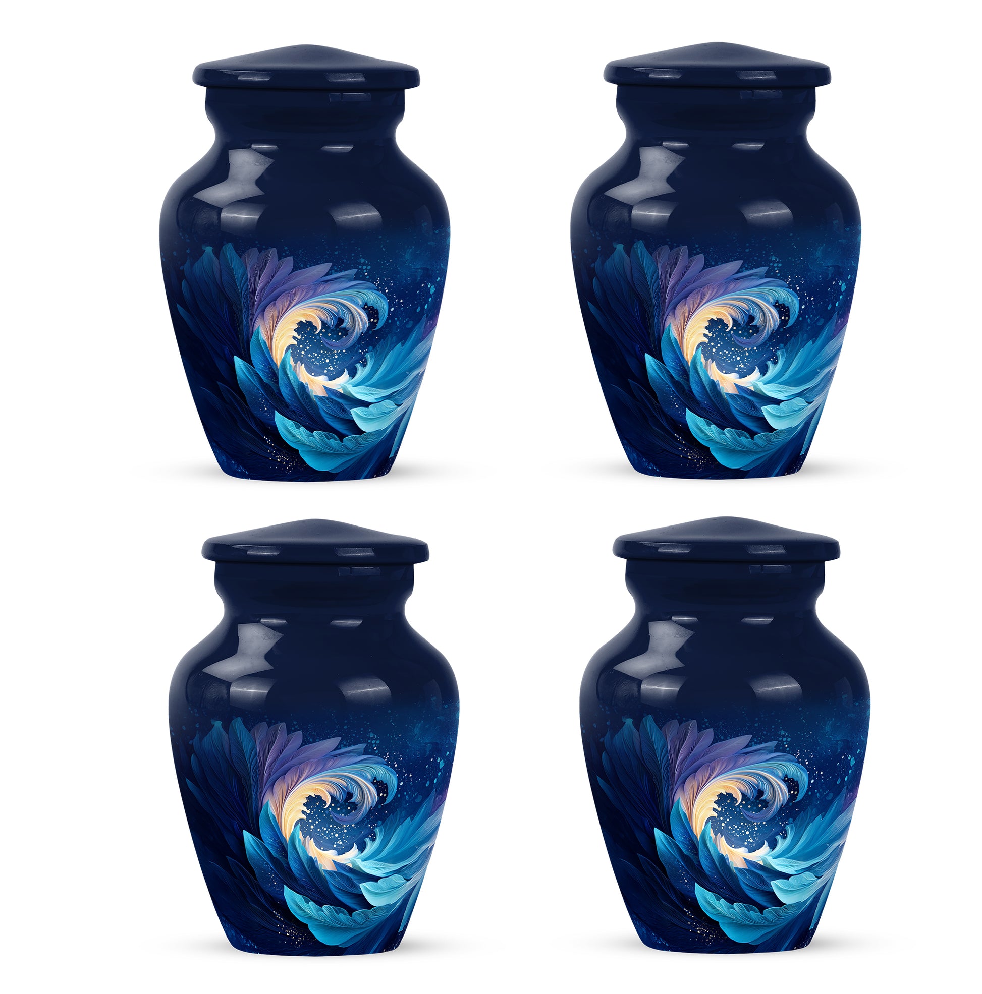 Vivid Blue Blue Cremation Urn side profile showing urn shape - traditional blue engraving with hand-polished finish - 10 inch aluminum urn for cremated remains