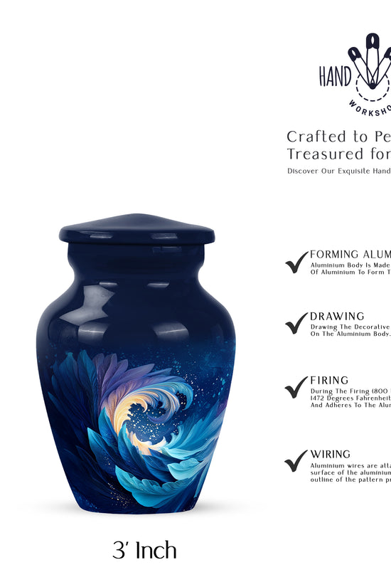 Indigo Blue Cremation Urn close-up of engraving and surface detail - timeless blue motif etched into premium metal - mini keepsake memorial for portion of cremation ashes